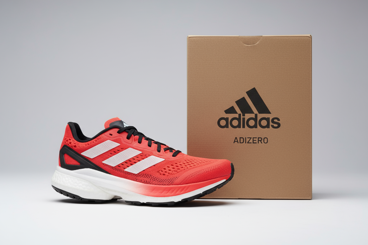 Adizero shoe in focus light with box