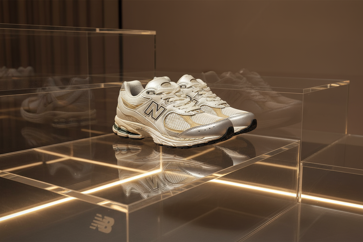 Generate image of new balance 1906, background would be glass premium luxury look