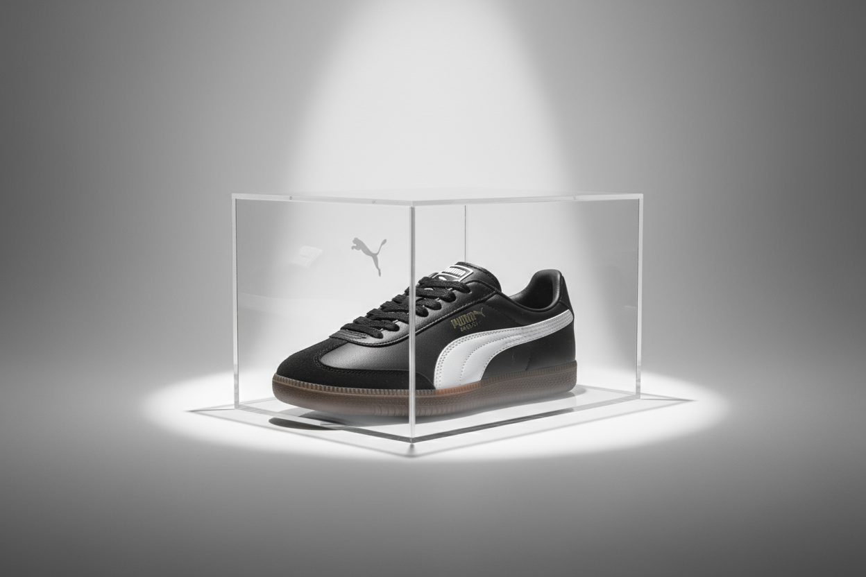 Genrate multiple puma samba shoe image, into glass box with focus light