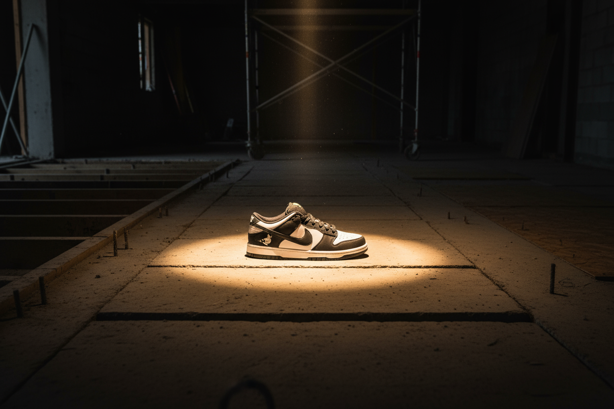 Nike sb dunk on underconstruted floor with focus light on it 