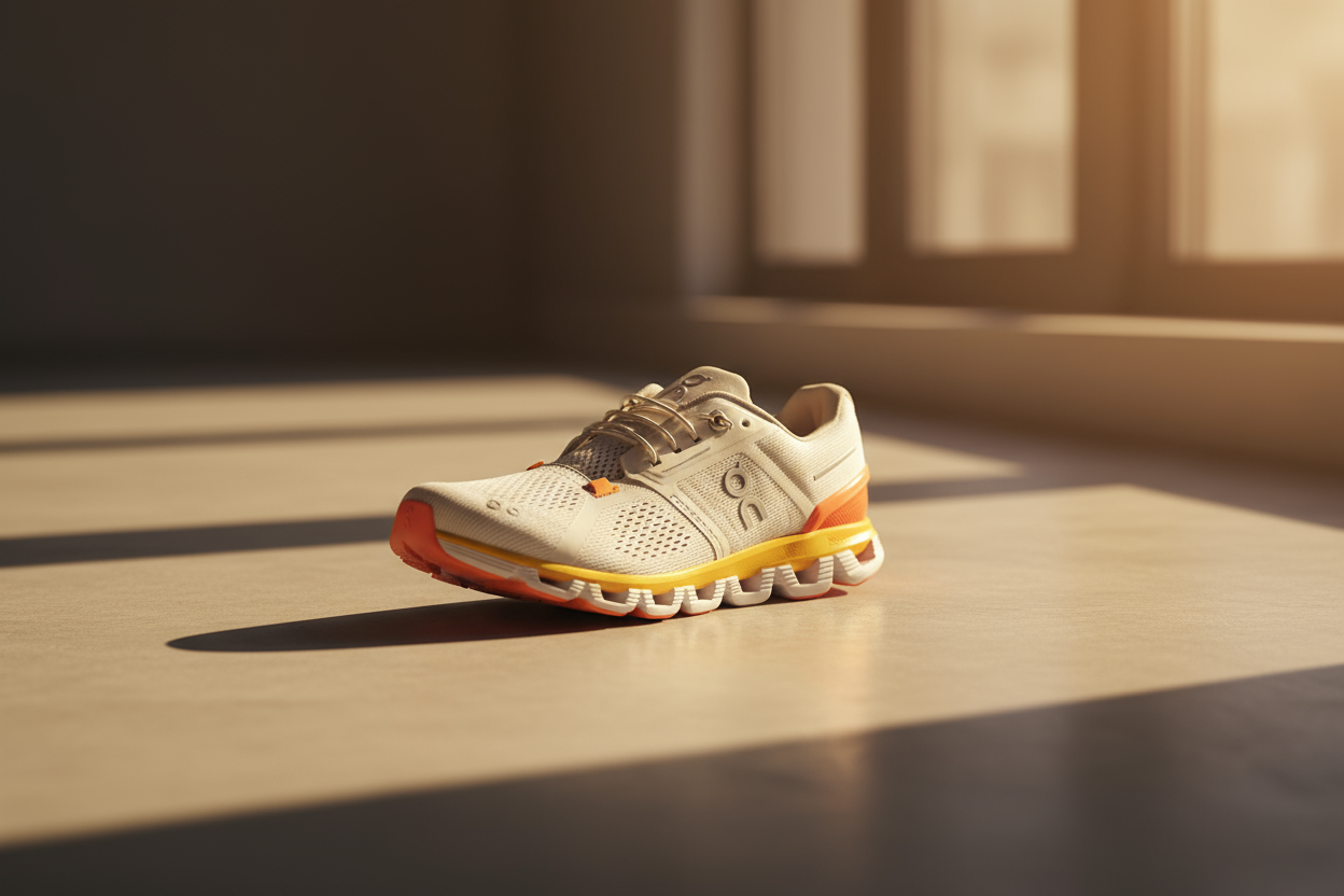 On cloudboom shoe on floor with focus warm light 